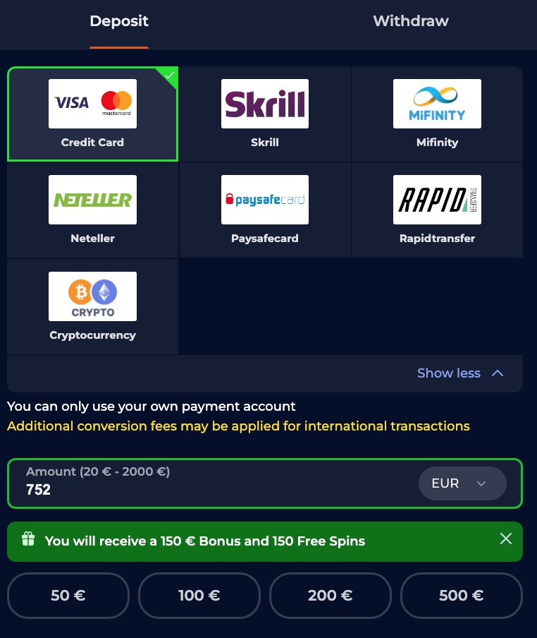 NineCasino Deposit Methods