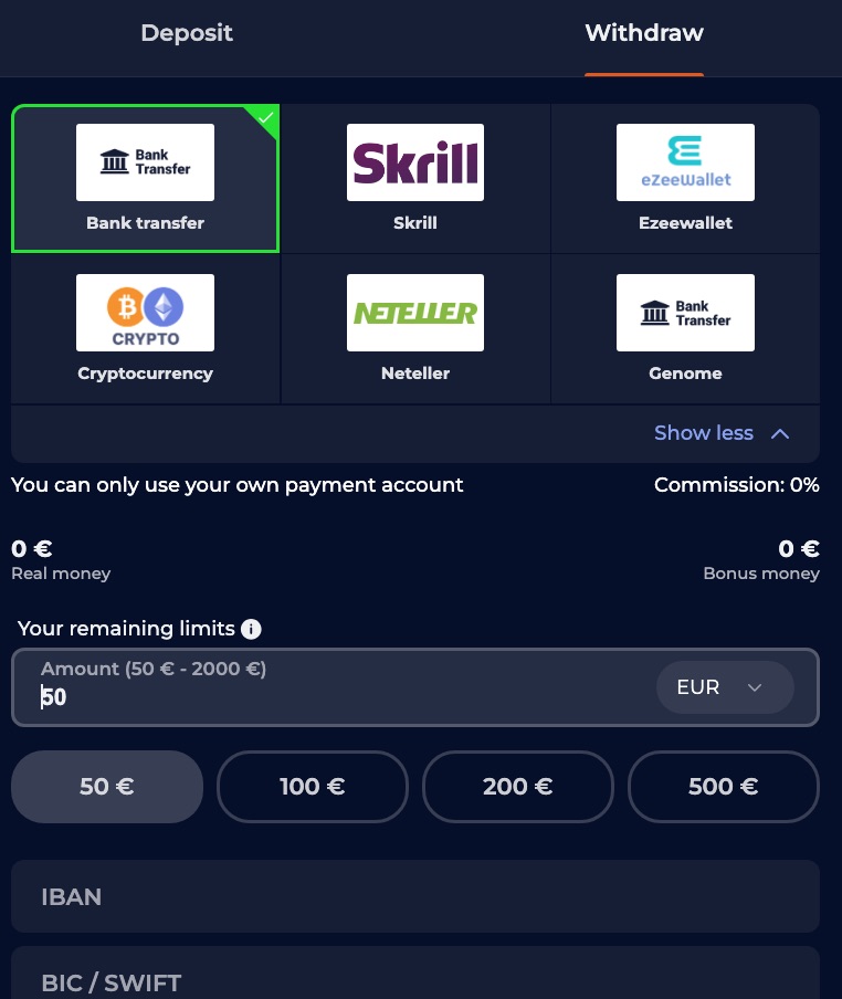 NineCasino Withdrawal Methods